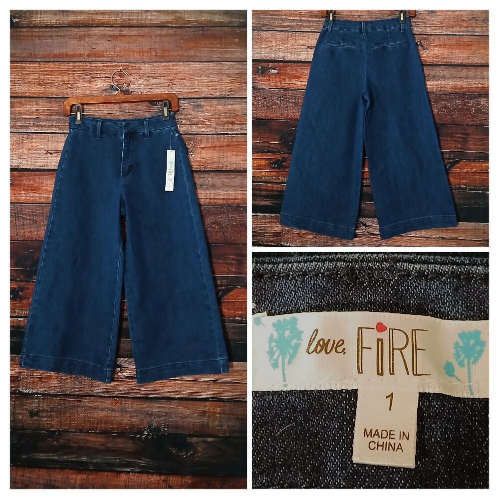 NWT Love Fire Capri Jeans Size 1 Wide Leg High Rise Baggy Dark Denim Stretch